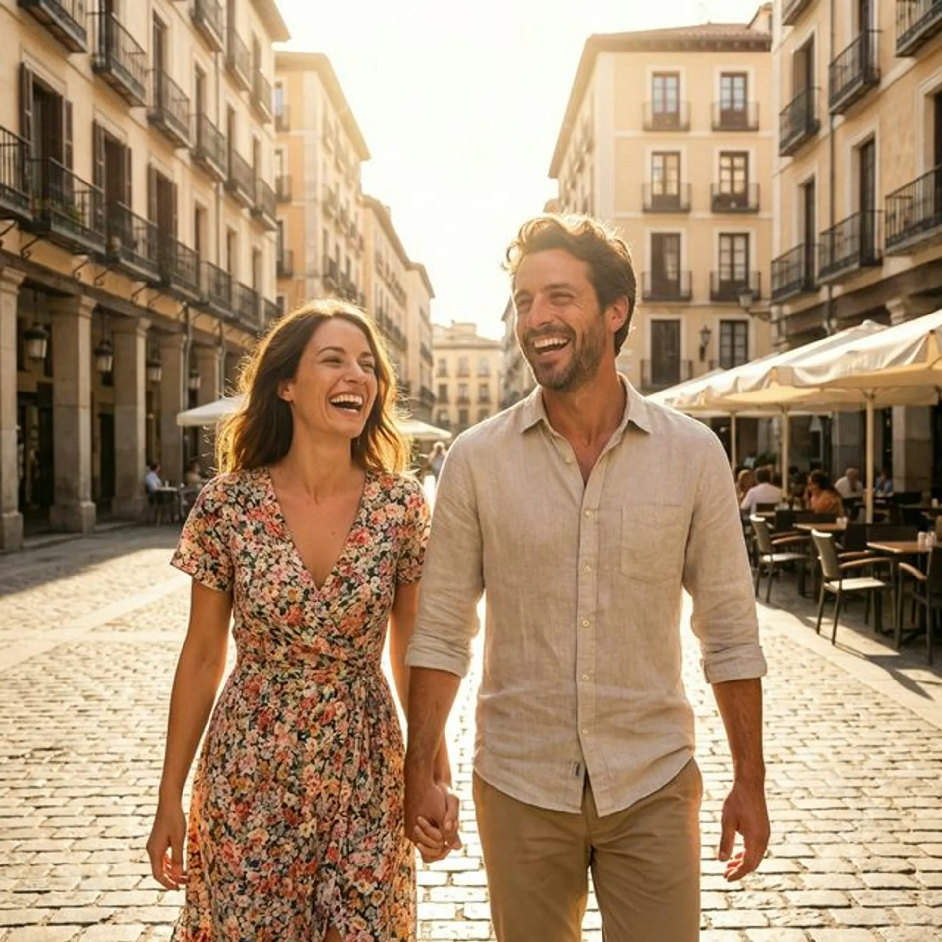 Tourist couple walking freely without luggage